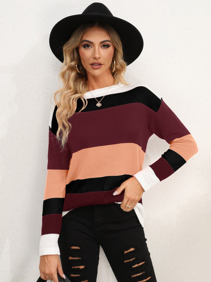 Striped Round Neck Dropped Shoulder Sweater - Fashion Finder Hub