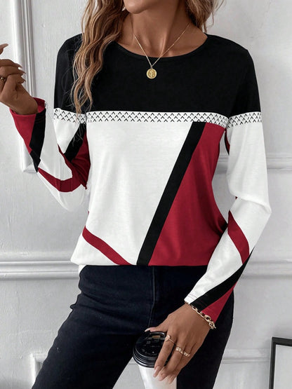 Contrast Round Neck Long Sleeve T-Shirt - Fashion Finder Hub