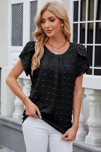 Swiss Dot Round Neck Short Sleeve T-Shirt - Fashion Finder Hub