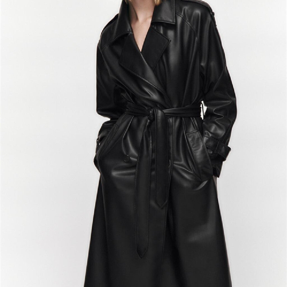 Long Sleeve Slim Fit With Belt Imitation Leather Trench Coat