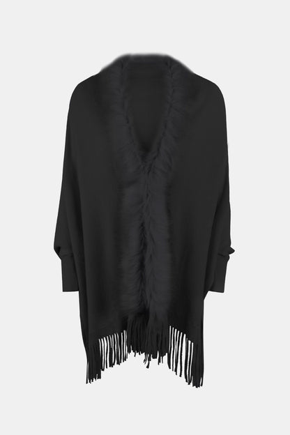 Fringe Open Front Long Sleeve Poncho - Fashion Finder Hub