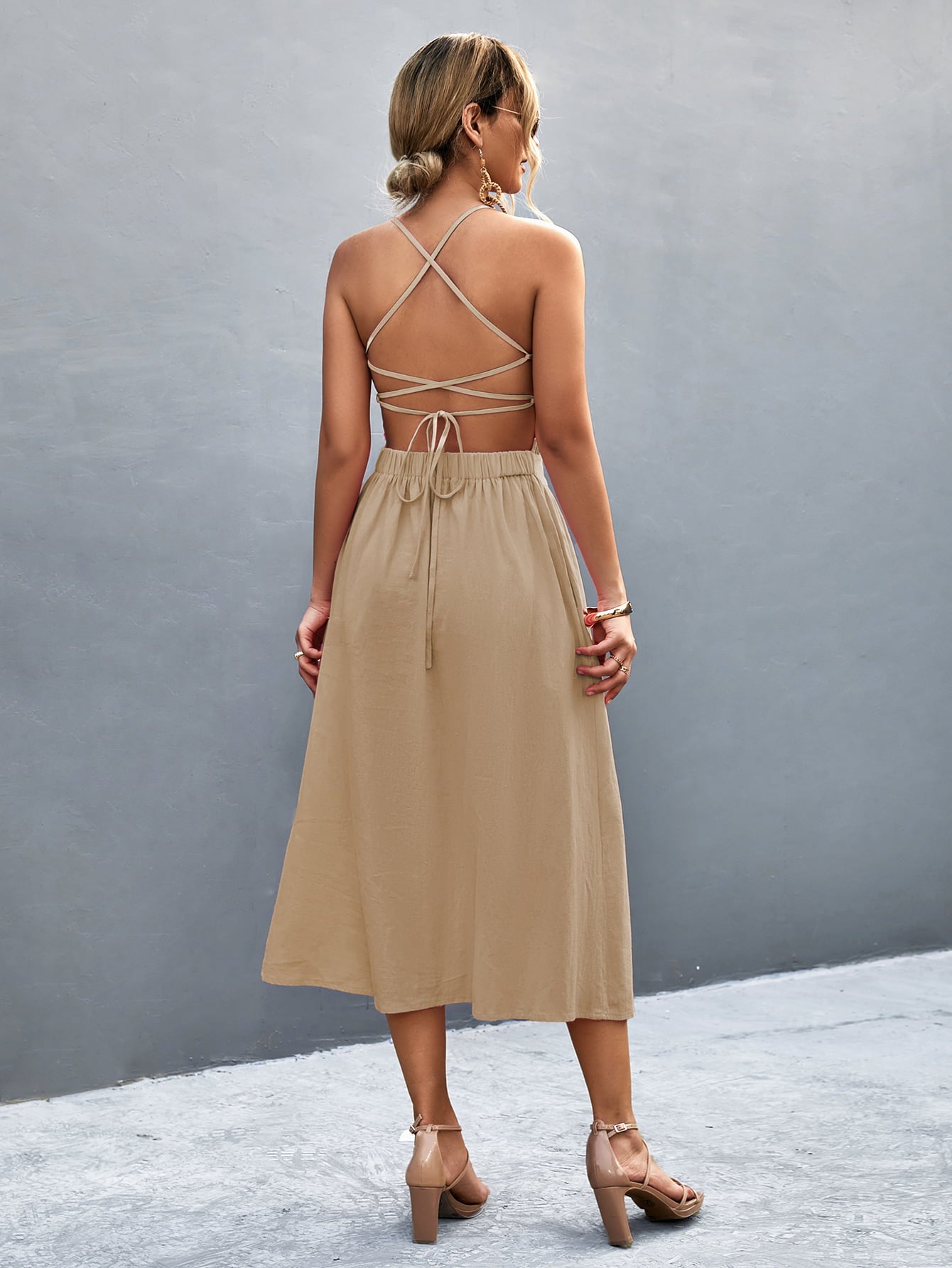 Buttoned Halter Neck Frill Trim Midi Dress - Fashion Finder Hub