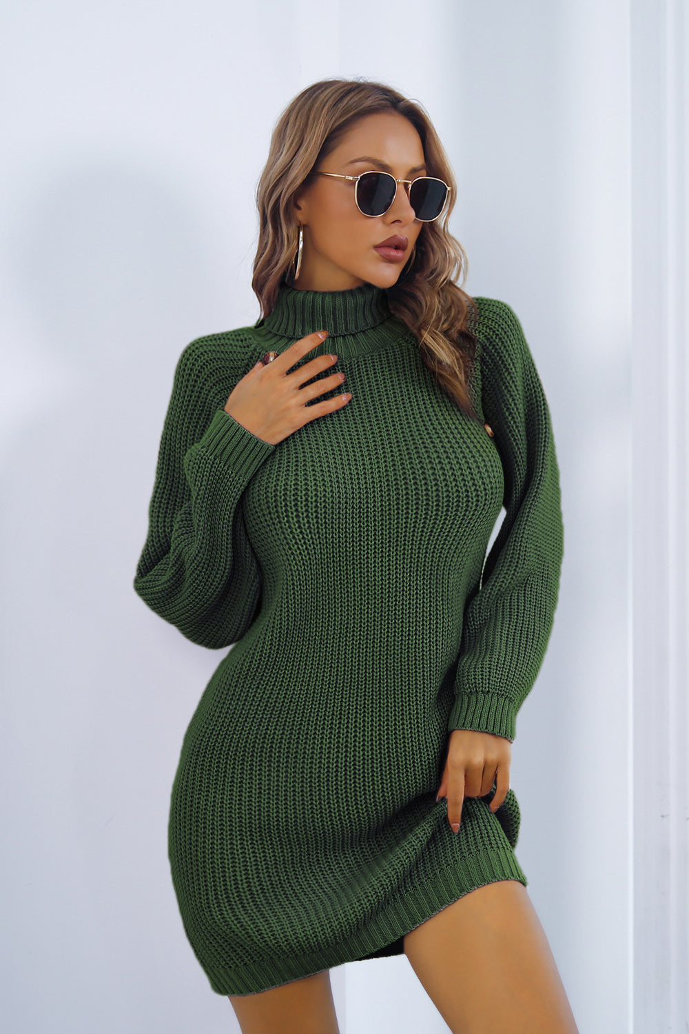 Buttoned Turtleneck Long Sleeve Sweater Dress - Fashion Finder Hub