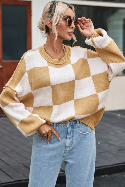 Checkered Exposed Seam Drooped Shoulder Sweater - Fashion Finder Hub