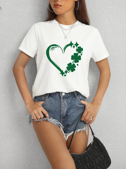 Heart Lucky Clover Round Neck Short Sleeve T-Shirt - Fashion Finder Hub