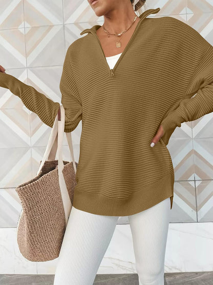 Half Zip Long Sleeve Knit Top - Fashion Finder Hub