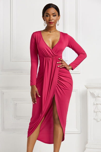 High-low Ruched Surplice Long Sleeve Dress - Fashion Finder Hub
