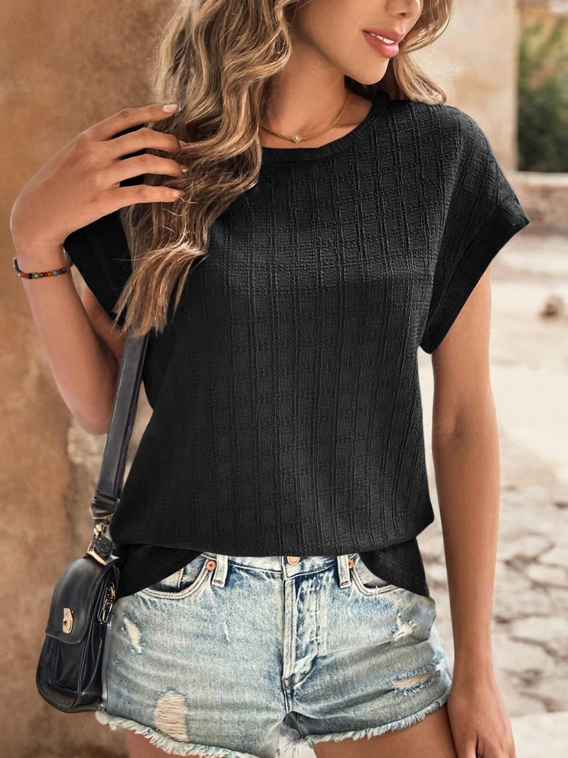 Textured Round Neck Short Sleeve Top - Fashion Finder Hub