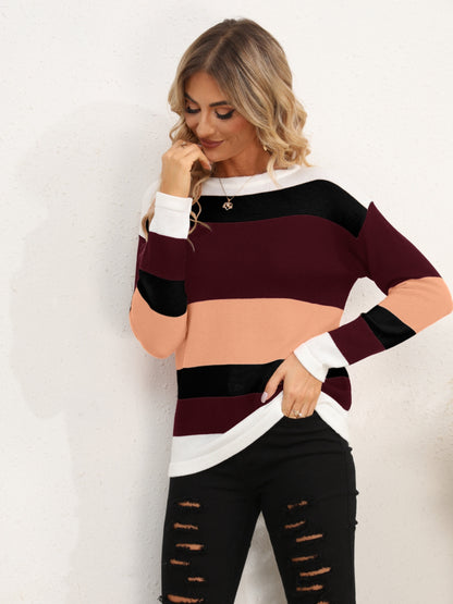 Striped Round Neck Dropped Shoulder Sweater - Fashion Finder Hub