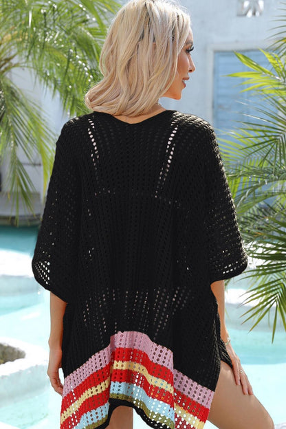 Rainbow Stripe Openwork Slit Cover-Up - Fashion Finder Hub