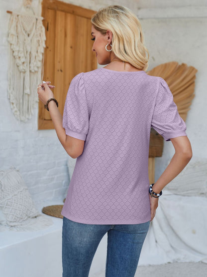 Eyelet Asymmetrical Neck Short Sleeve T-Shirt - Fashion Finder Hub