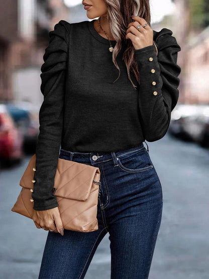 Decorative Button Puff Sleeve T-Shirt - Fashion Finder Hub