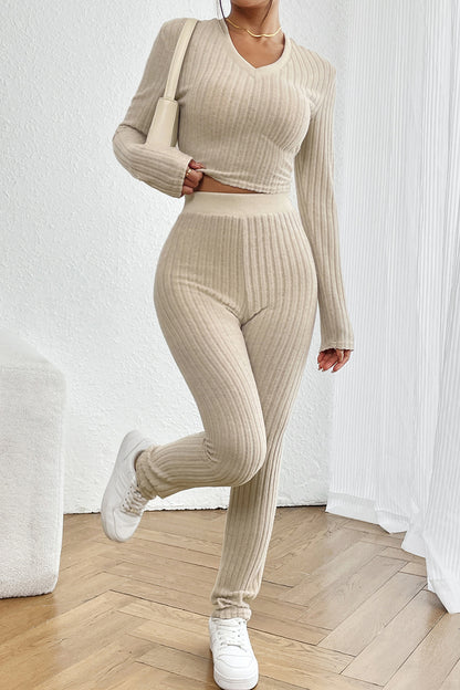 Ribbed V-Neck Long Sleeve Cropped Top and Pants Set - Fashion Finder Hub