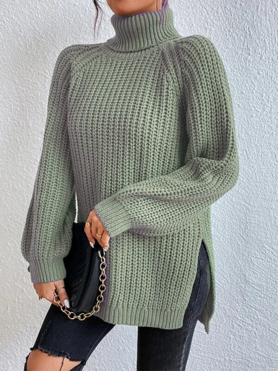 Full Size Turtleneck Rib-Knit Slit Sweater