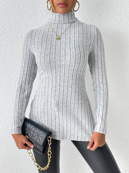 Ribbed Turtleneck Long Sleeve Slit T-Shirt - Fashion Finder Hub