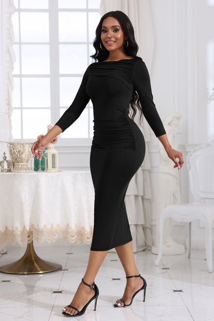 Ruched Boat Neck Midi Dress - Fashion Finder Hub