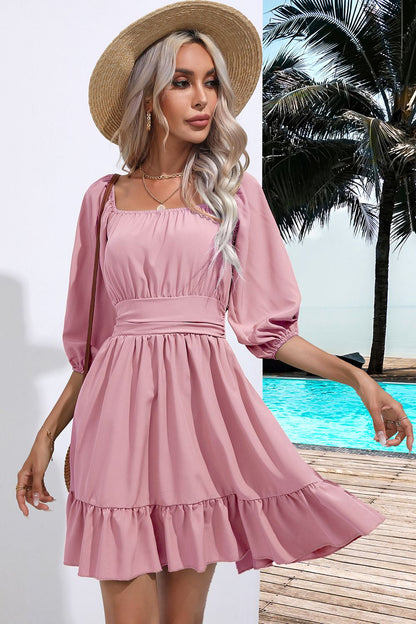 Square Neck Tie Back Ruffle Hem Dress - Fashion Finder Hub