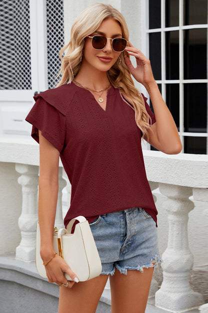 Eyelet Notched Short Sleeve T-Shirt - Fashion Finder Hub