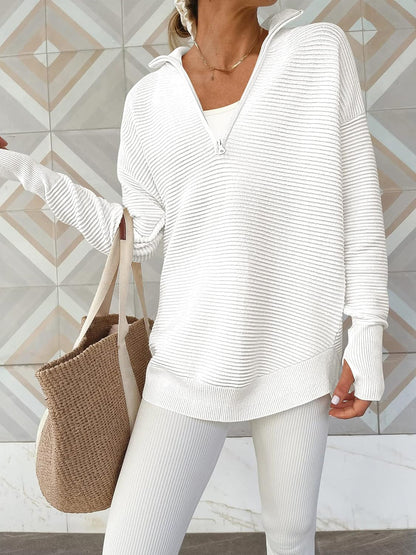 Half Zip Long Sleeve Knit Top - Fashion Finder Hub