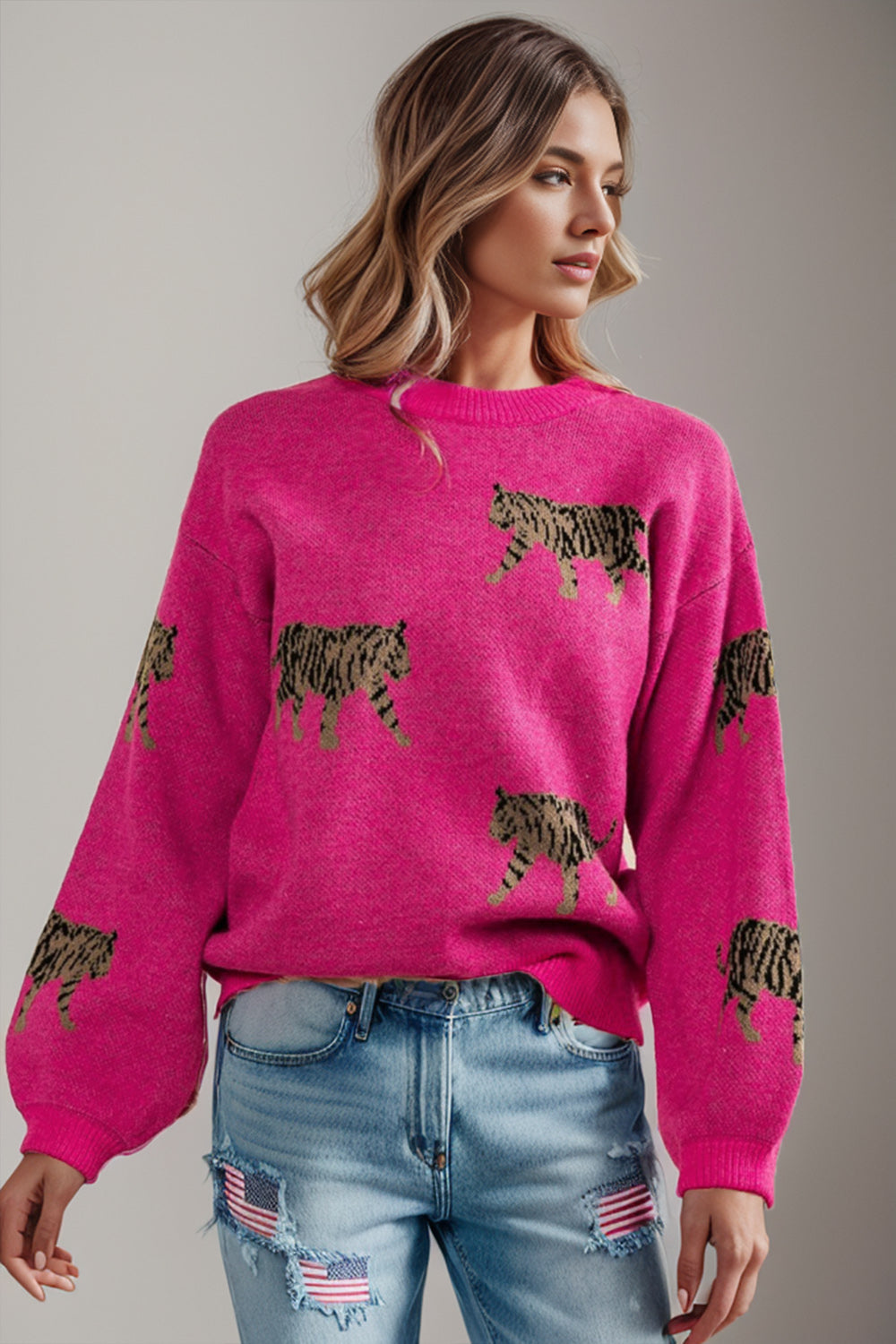 Tiger Pattern Round Neck Drop Shoulder Sweater