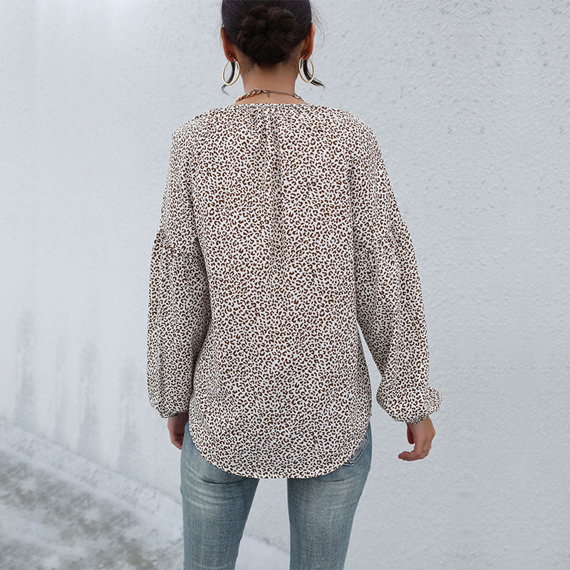 New European And American Retro Top Long Sleeve Drawstring Leopard-print Shirt