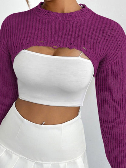 Distressed Long Sleeve Cropped Sweater - Fashion Finder Hub