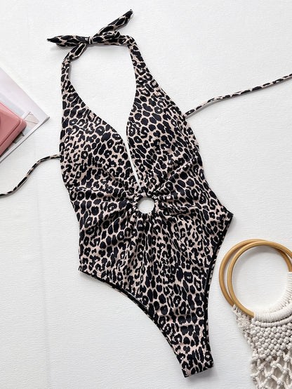 Leopard Halter Neck Ring Detail One-Piece Swimsuit - Fashion Finder Hub