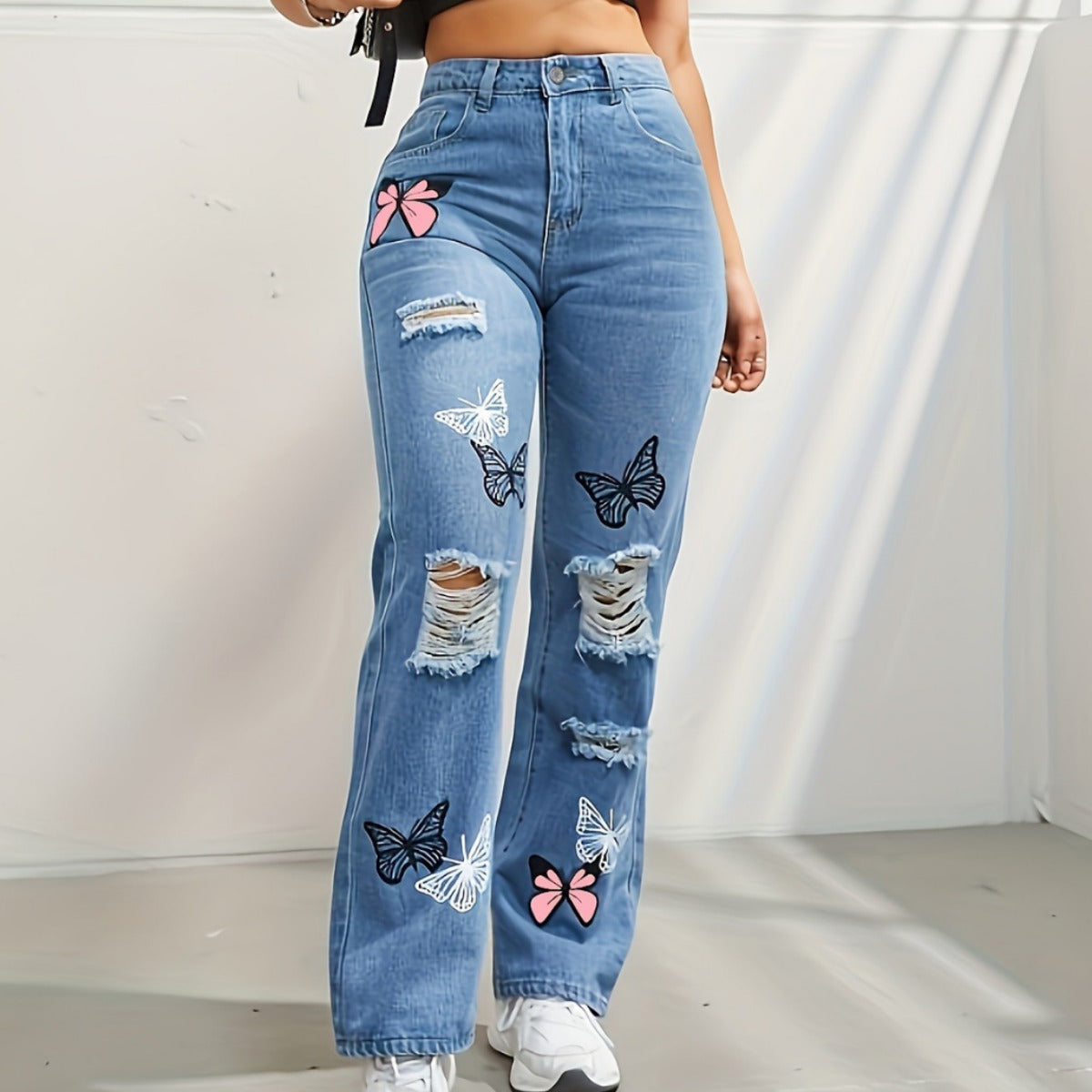 Buy Best Bestie Butterfly Print Ripped Distressed Denim (High Waist Jeans)