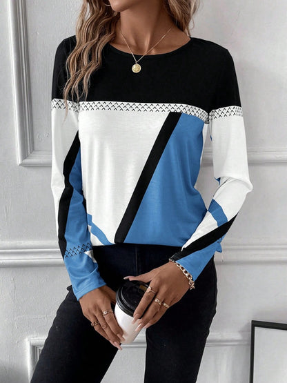 Contrast Round Neck Long Sleeve T-Shirt - Fashion Finder Hub