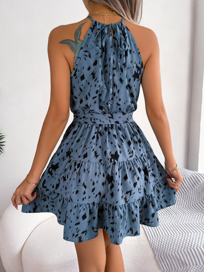 Halter Neck Printed Tie Waist Sleeveless Mini Dress - Fashion Finder Hub