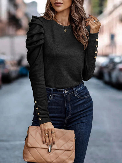 Decorative Button Puff Sleeve T-Shirt - Fashion Finder Hub