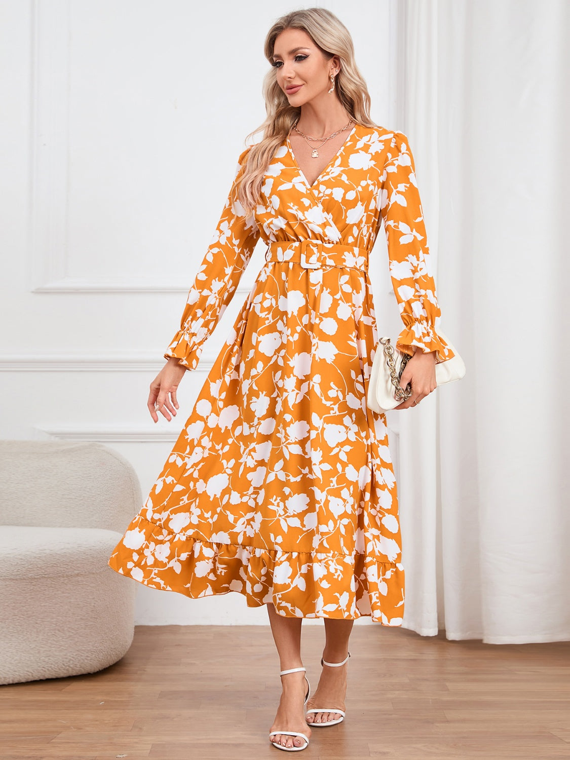 Floral Surplice Flounce Sleeve Ruffle Hem Dress