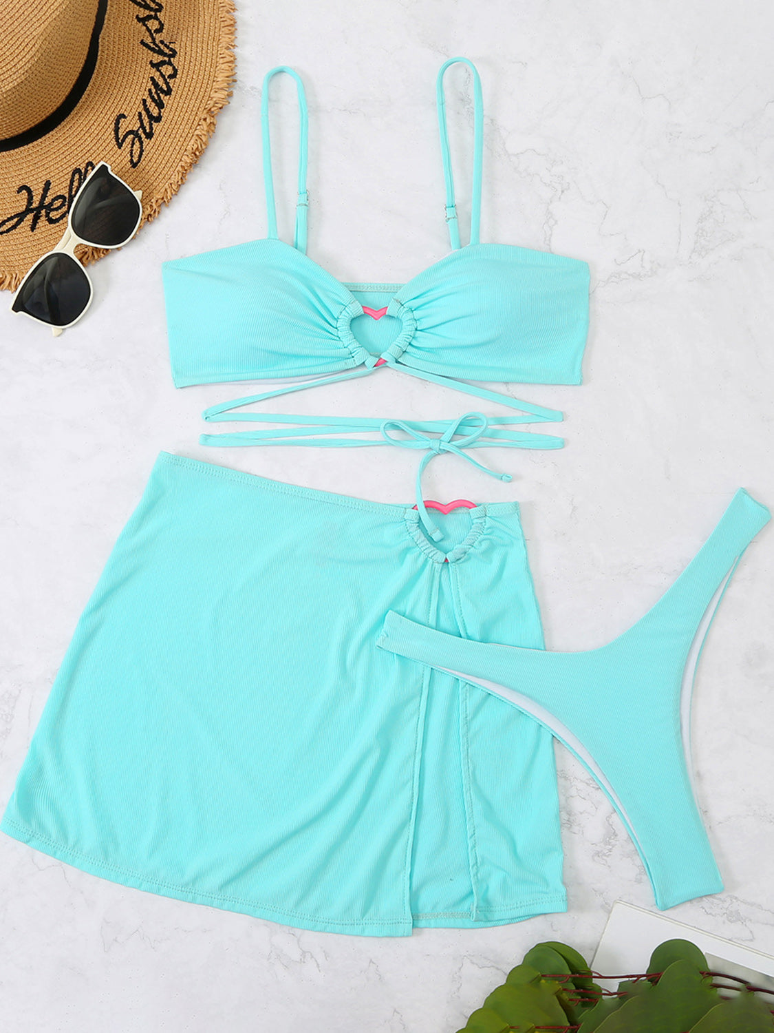 Cutout Spaghetti Strap Three-Piece Swim Set