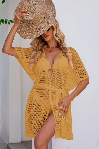 Openwork Tie Waist Cover Up - Fashion Finder Hub