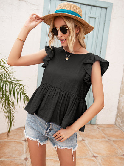 Lace Detail Round Neck Peplum T-Shirt - Fashion Finder Hub