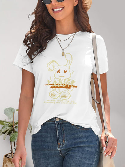 Rabbit Graphic Round Neck Short Sleeve T-Shirt - Fashion Finder Hub
