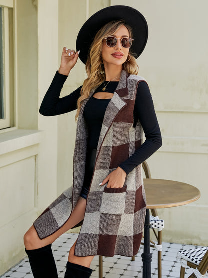 Plaid Lapel Collar Sleeveless Cardigan - Fashion Finder Hub