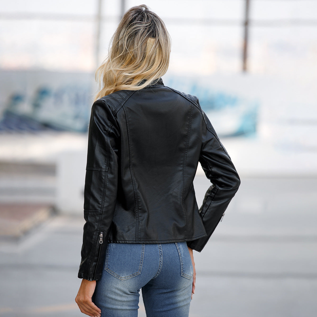 Thin Large Size Leather Clothing With Stand Collar Slim-fit Jacket