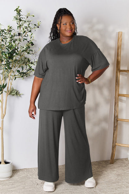 Double Take Full Size Round Neck Slit Top and Pants Set - Fashion Finder Hub