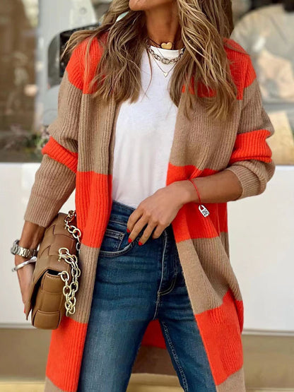Contrast Open Front Long Sleeve Cardigan - Fashion Finder Hub