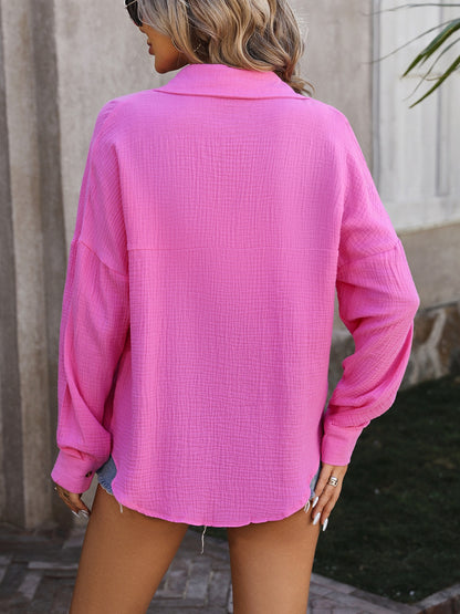 Textured Pocketed Button Up Dropped Shoulder Shirt - Fashion Finder Hub