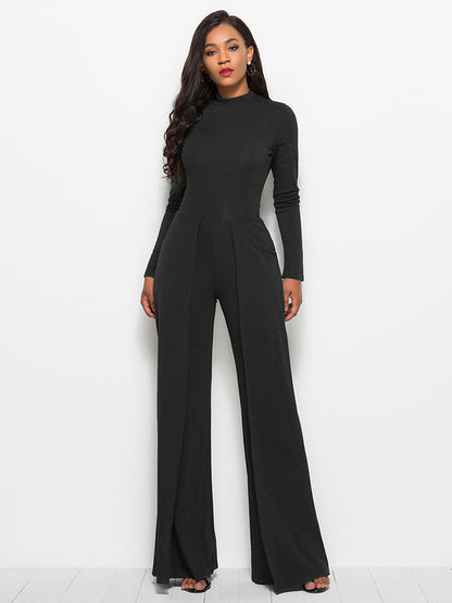 Long Sleeve Mock Neck Wide Leg Jumpsuit - Fashion Finder Hub