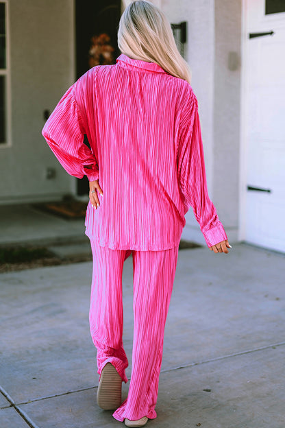 Pleated Button Up Shirt and Wide-Leg Pants Set - Fashion Finder Hub