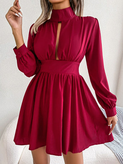 Cutout Turtleneck A-Line Mini Dress - Fashion Finder Hub