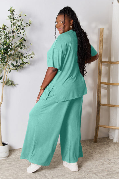 Double Take Full Size Round Neck Slit Top and Pants Set - Fashion Finder Hub