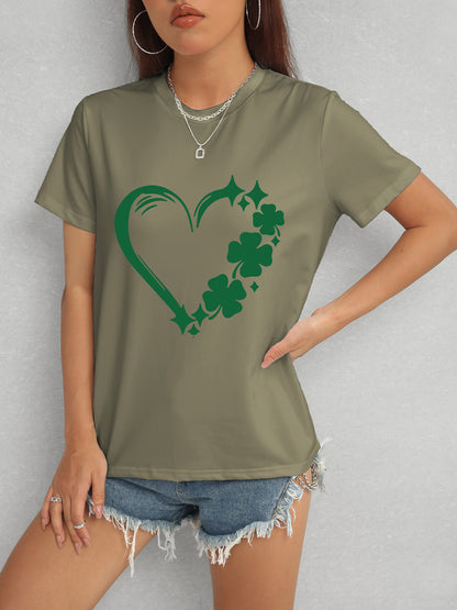 Heart Lucky Clover Round Neck Short Sleeve T-Shirt - Fashion Finder Hub