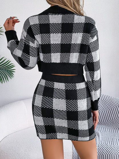 Plaid Round Neck Top and Skirt Sweater Set - Fashion Finder Hub