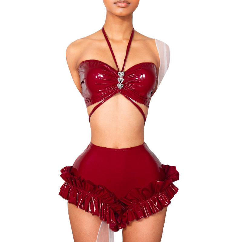 Heart-shaped Halter Wrapped Chest PU Leather High Waist Shorts Suit