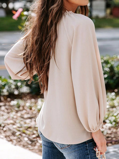 Ruched Notched Balloon Sleeve Blouse - Fashion Finder Hub