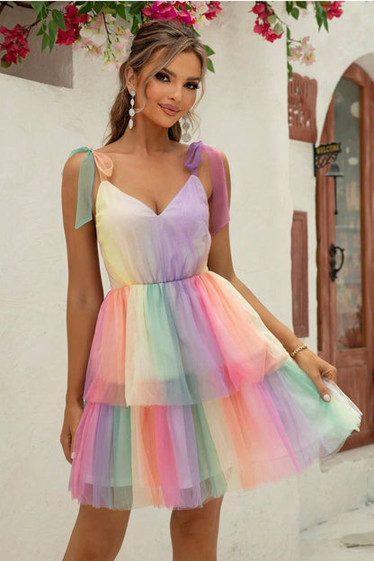 Gradient Tie-Shoulder Layered Dress - Fashion Finder Hub